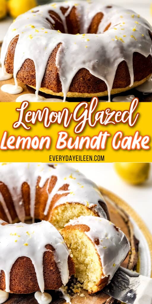 Pinterest pin with text overlay for lemon glazed lemon bundt cake.