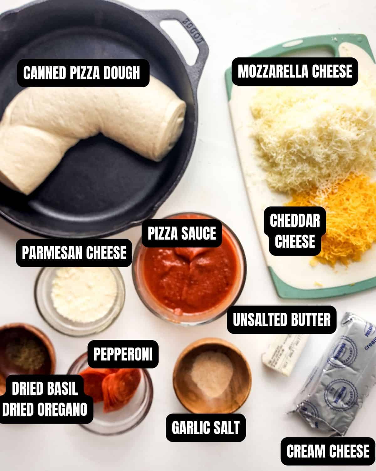 Ingredients to make skillet pizza dip with text overlay.