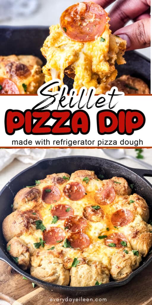 Skillet pizza dip pinterest pin with text overlay