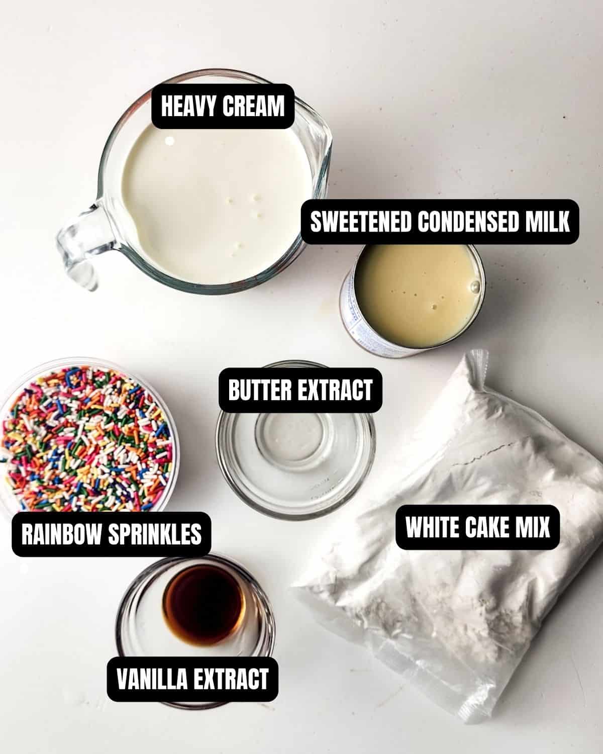 Birthday cake ice cream ingredients with text overlay.