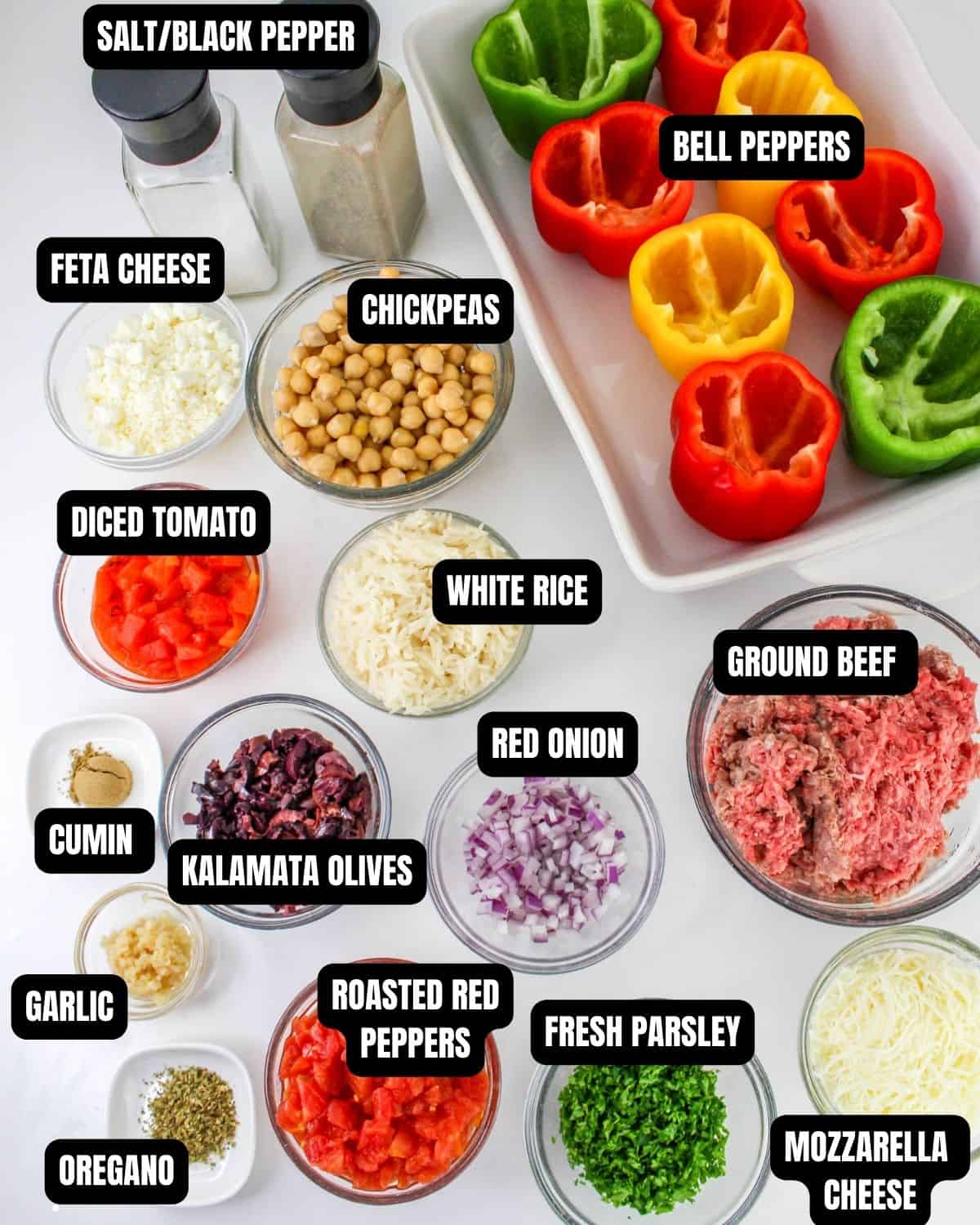 Greek stuffed pepper ingredients with text overlay.