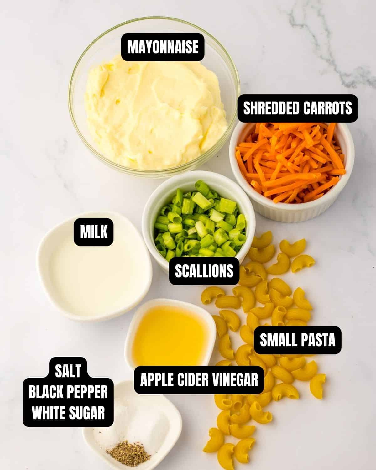 Hawaiian Pasta Salad ingredients with text overlay.