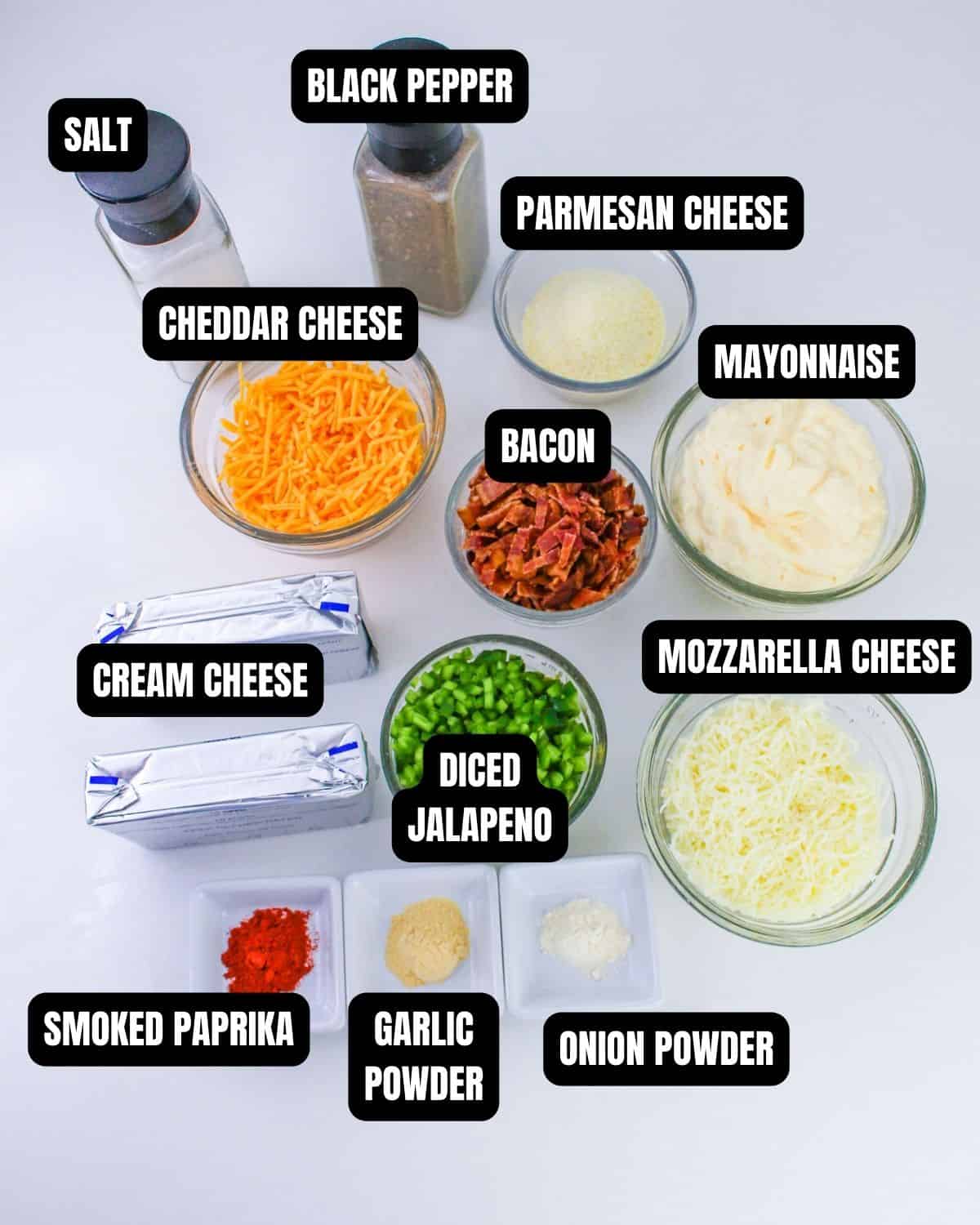 Ingredients with text overlay for ingredients to make slow cooker jalapeno popper dip