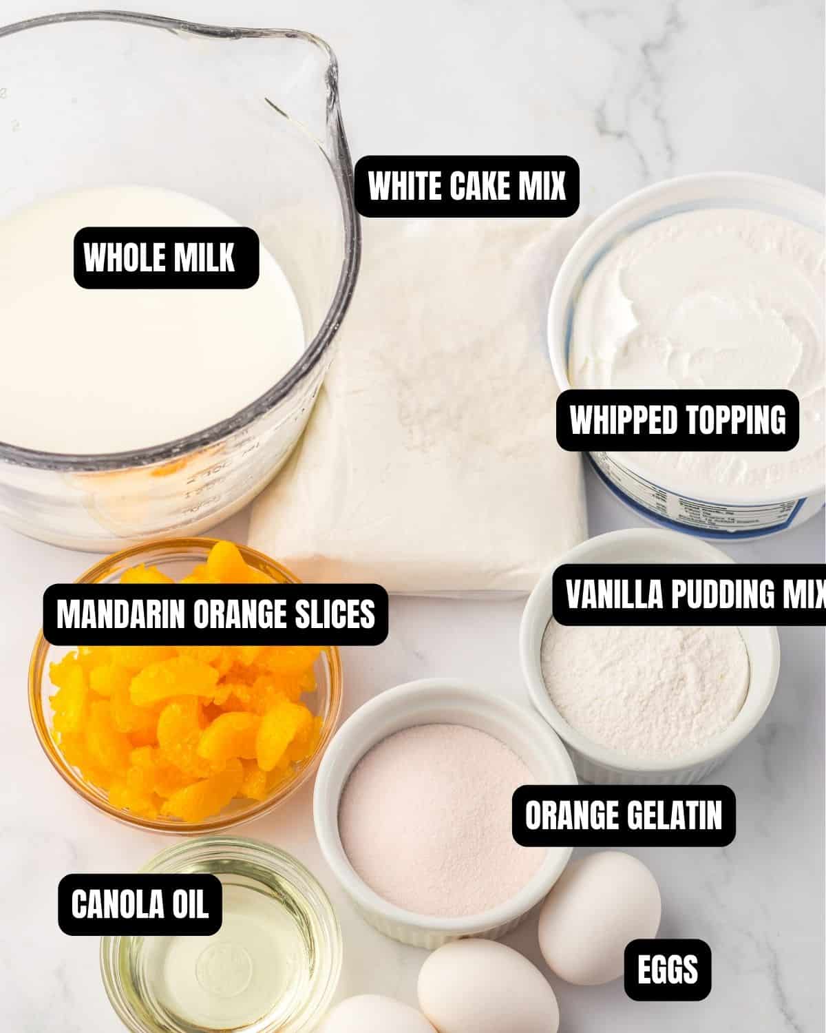 Ingredients for orange creamsicle poke cake with text overlay.