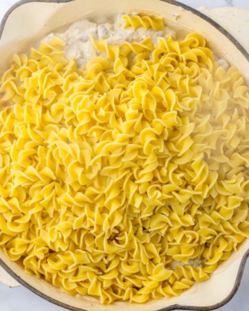 Cooked egg noodles topped a creamy French onion sauce.