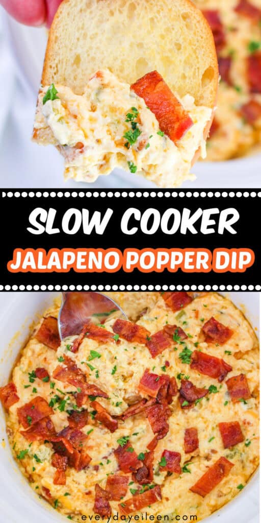 Pinterest pin for jalapeno popper dip made in the slow cooker.