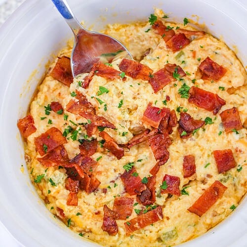 Jalapeno popper dip in a slow cooker.
