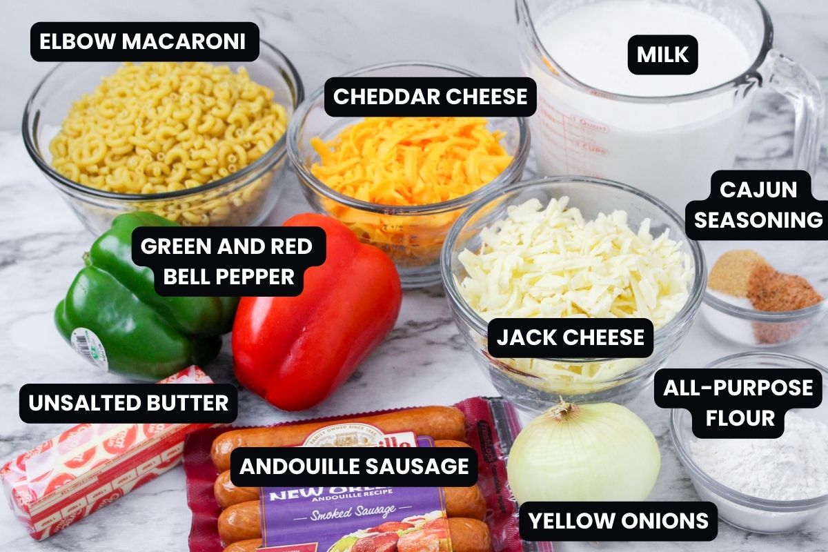 Ingredients with text overlay to make cajun mac and cheese.