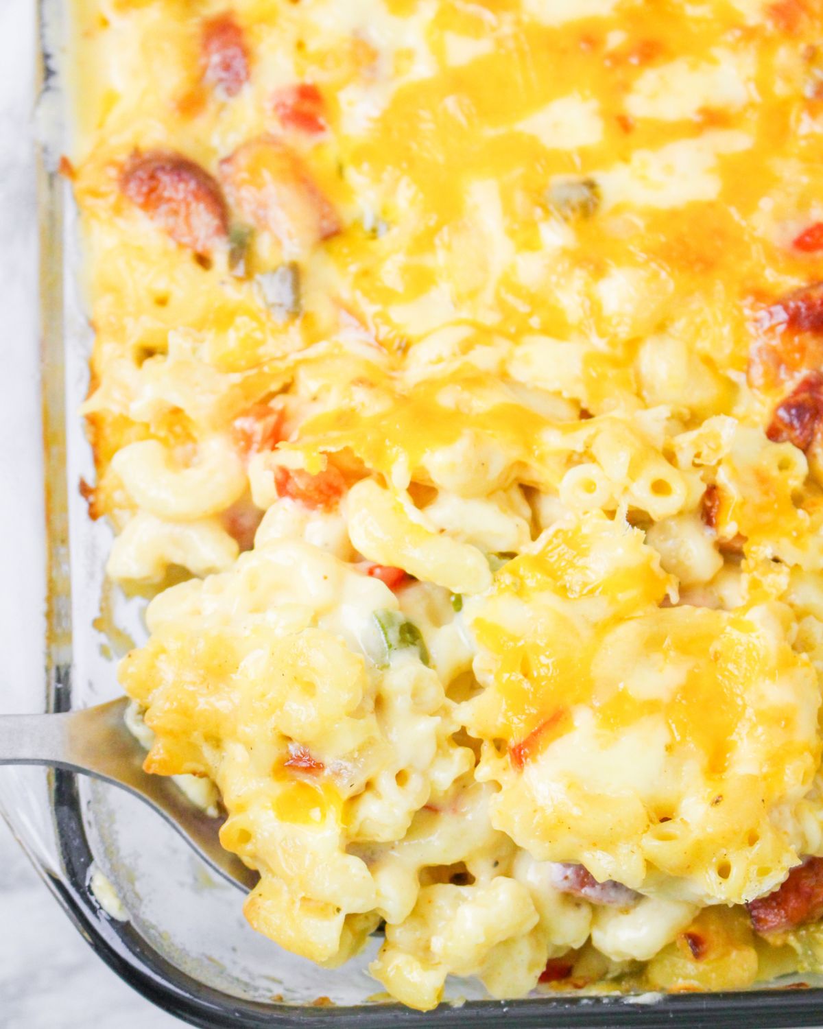 Macaroni and cheese with Cajun flavors and andouille sausage.