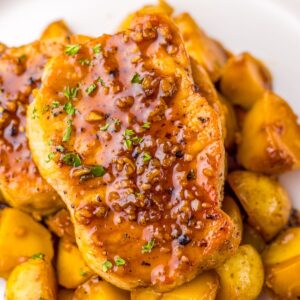 Honey garlic pork chops with yellow potatoes.