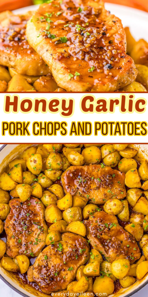 Pinterest pin for honey garlic potatoes and pork chops