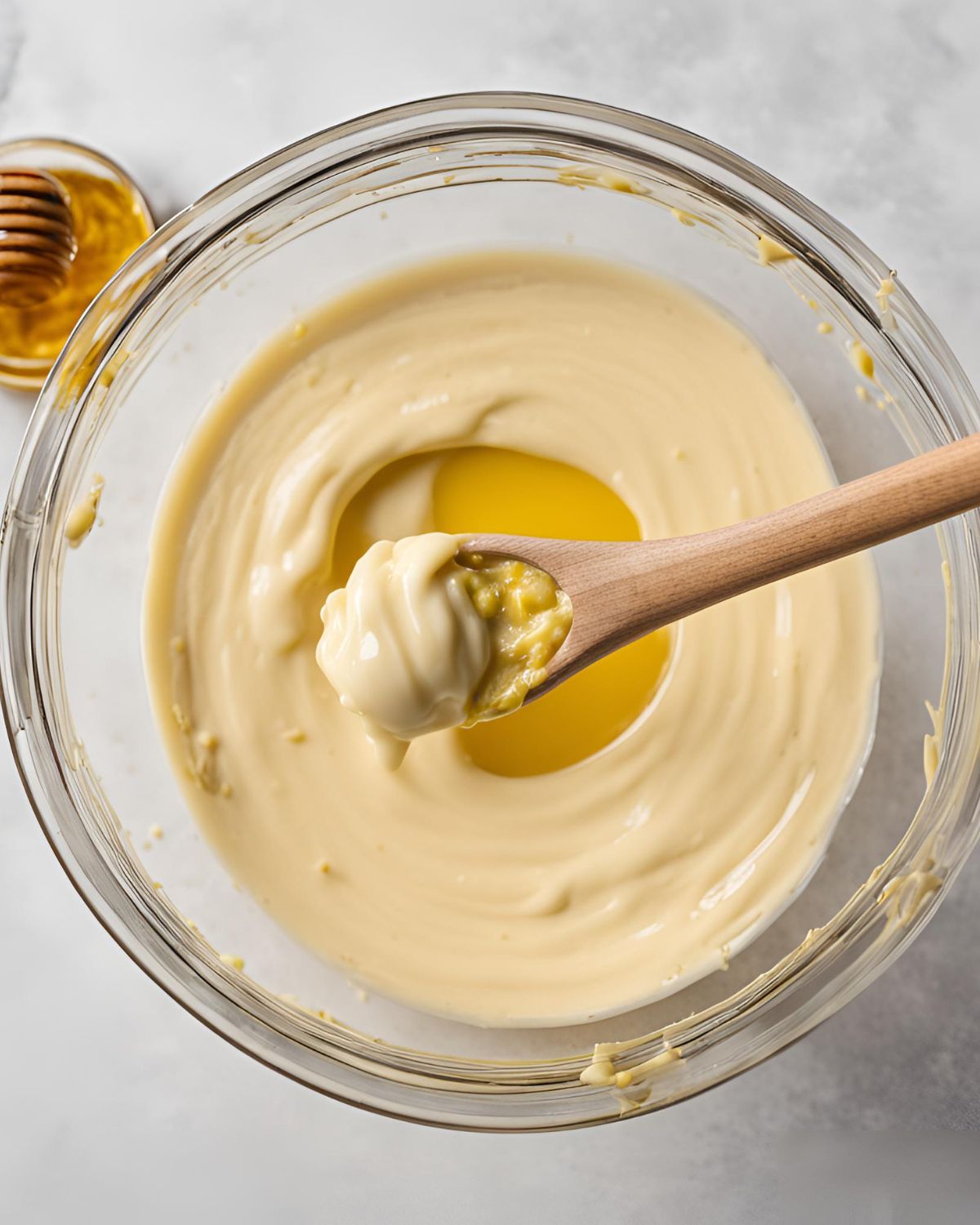 A bowl of mayonnaise, yellow mustard, and honey to make a dipping sauce. 