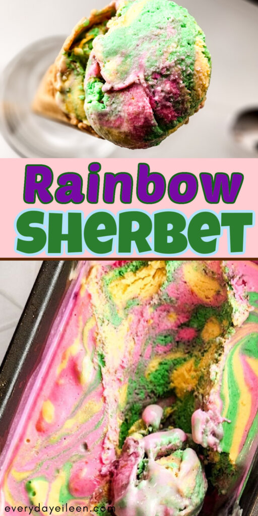 Pinterest pin for rainbow sherbet frozen dessert