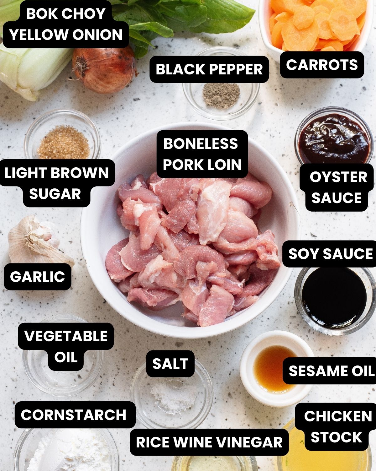 Ingredients with text overlay to make pork chop suey. 