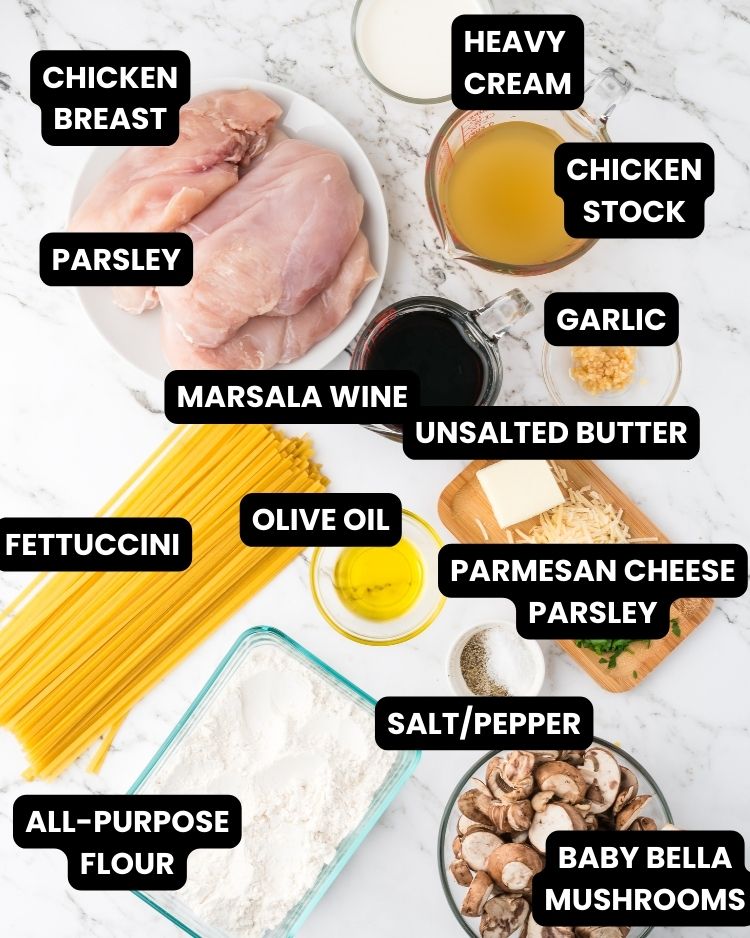 Ingredients to make chicken marsala fettuccini