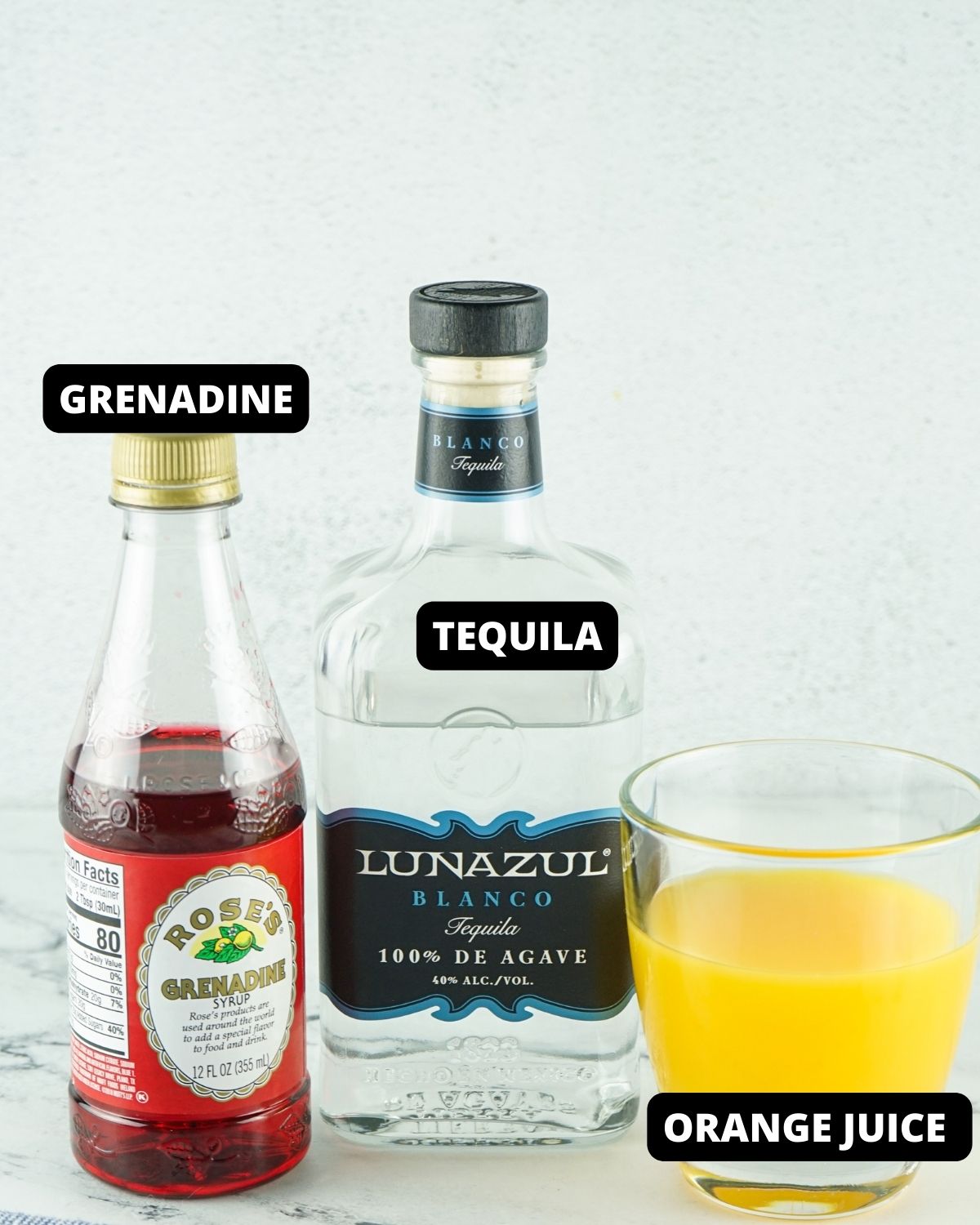 Ingredients to make tequila sunrise cocktail with text overlay.