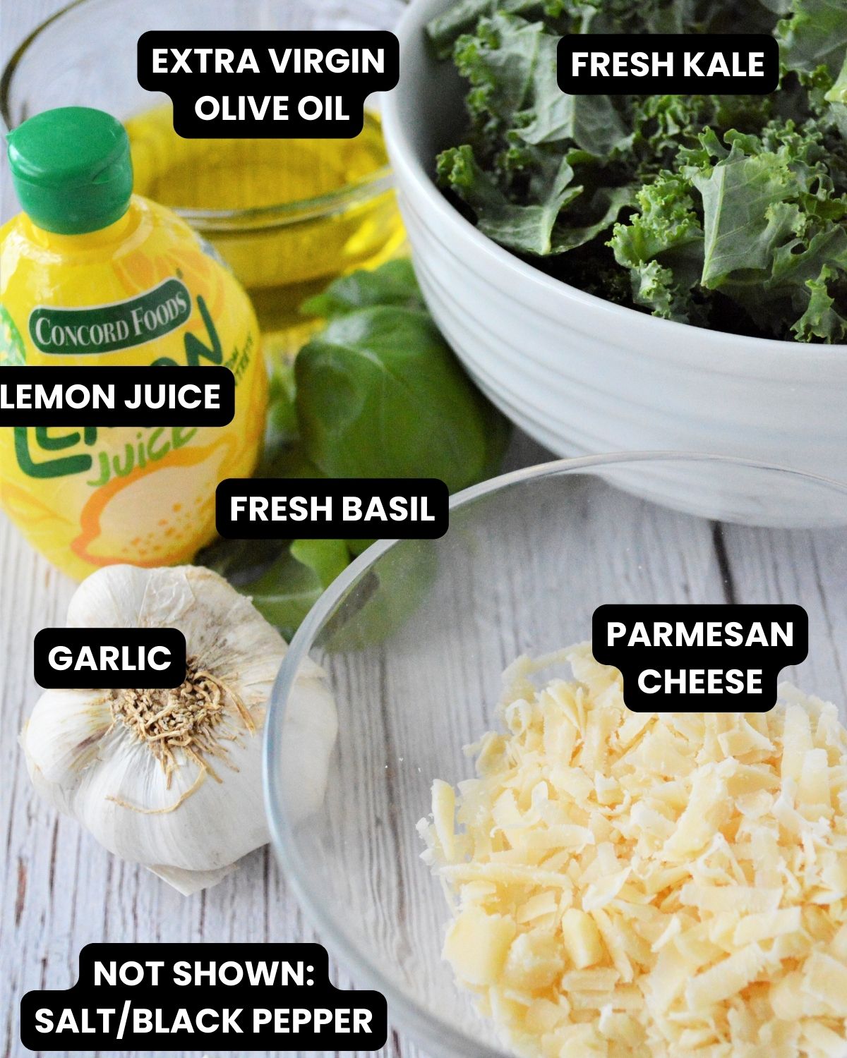 Ingredients for kale pesto with text overlay.