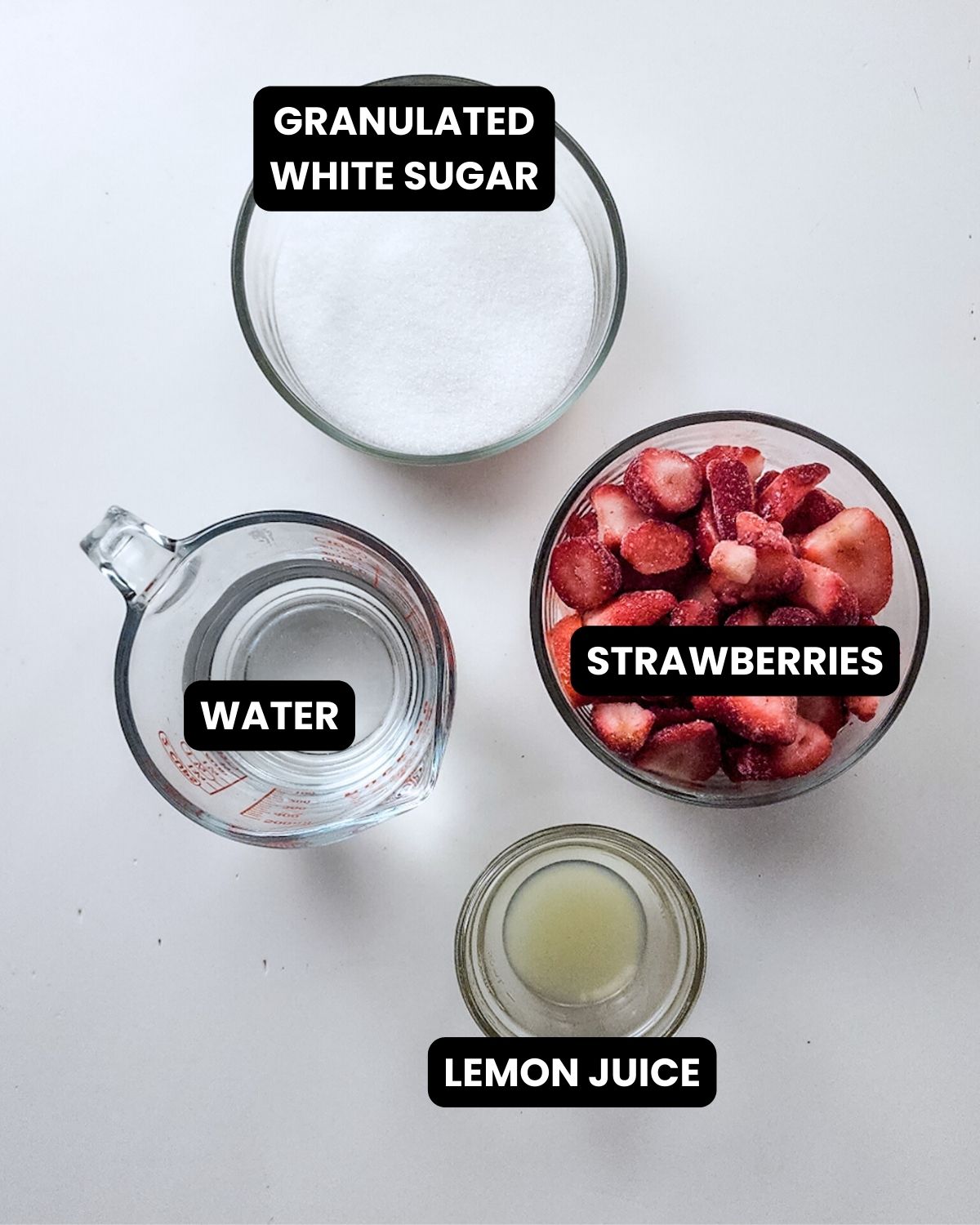 Ingredients for strawberry sorbet with text overlay. 