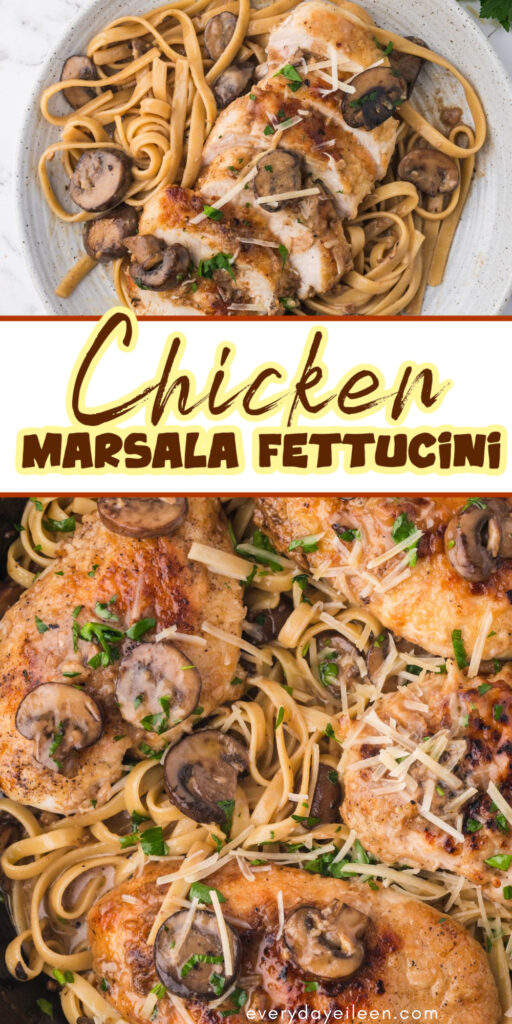 Pinterest pin for Chicken Fettuccini Marsala with text overlay.