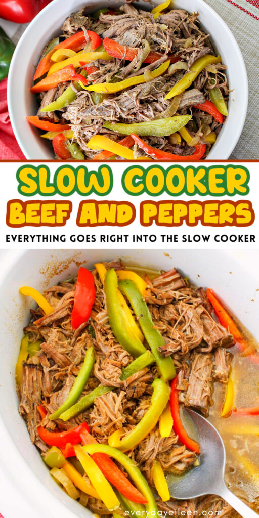 Slow cooker beef and peppers Pinterest pin with text overlay.