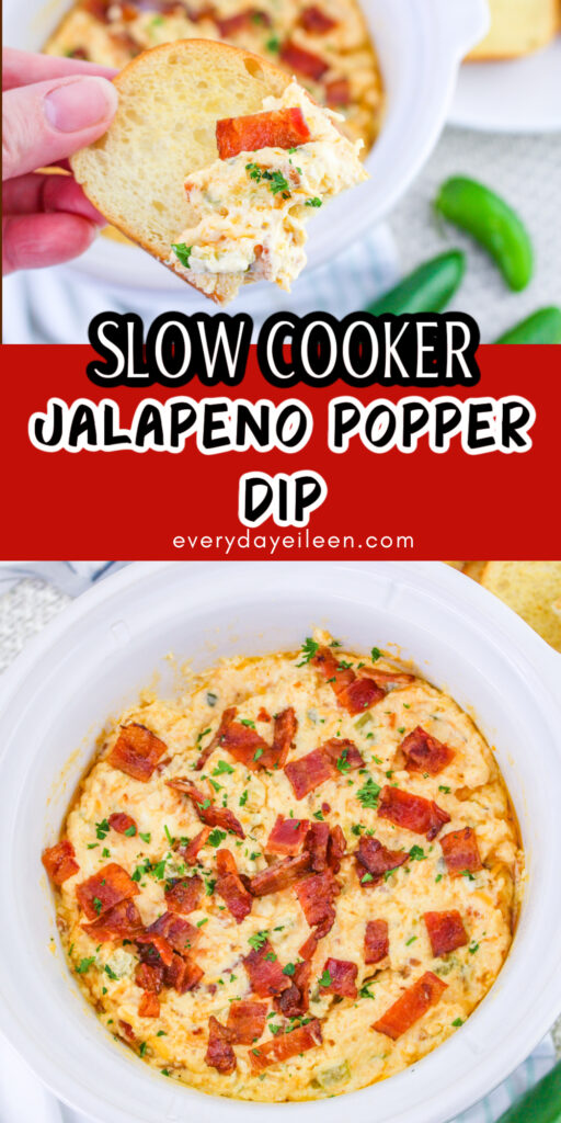 A Pinterest pin for slow cooker jalapeno popper dip.