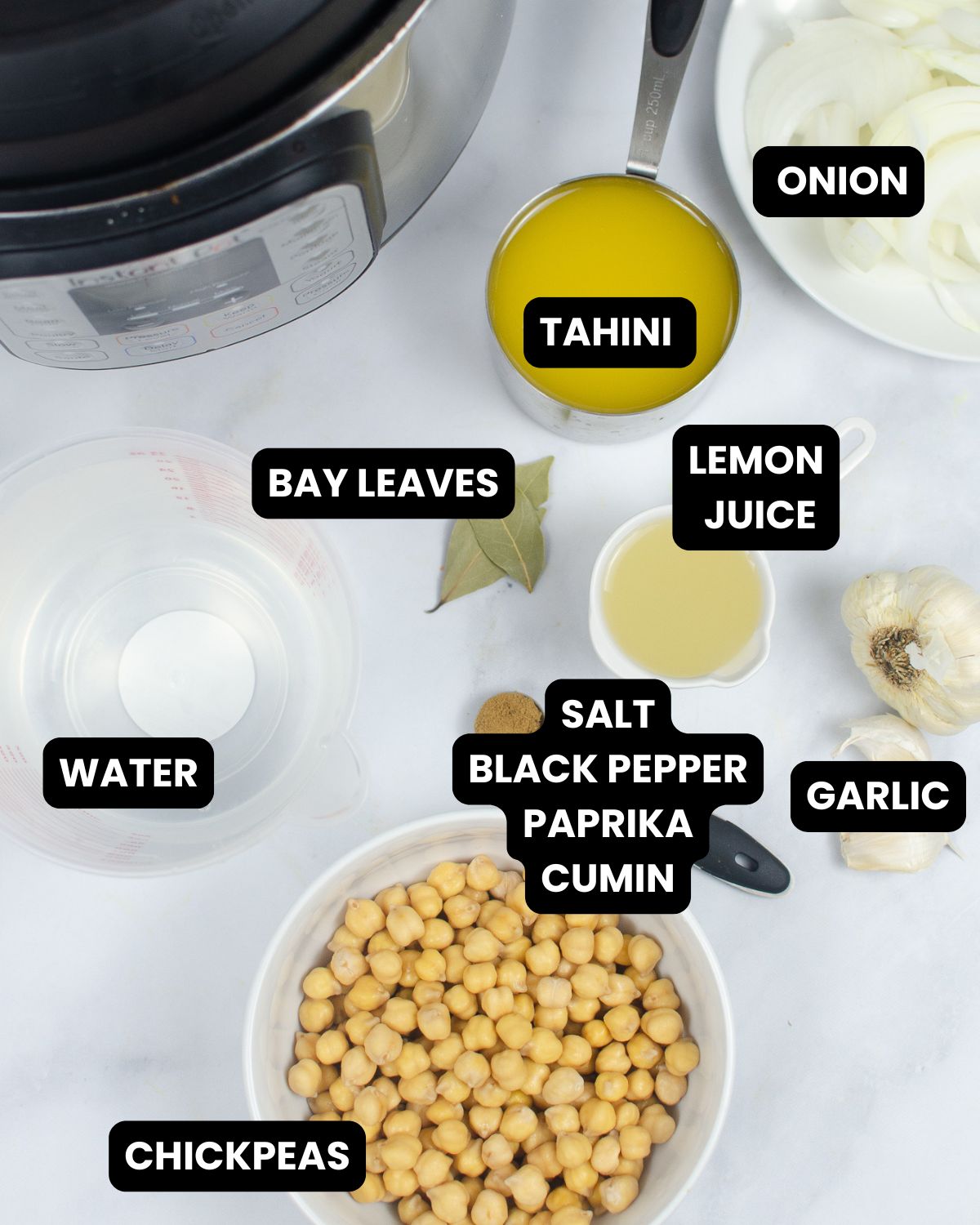 Hummus ingredients with text overlay.