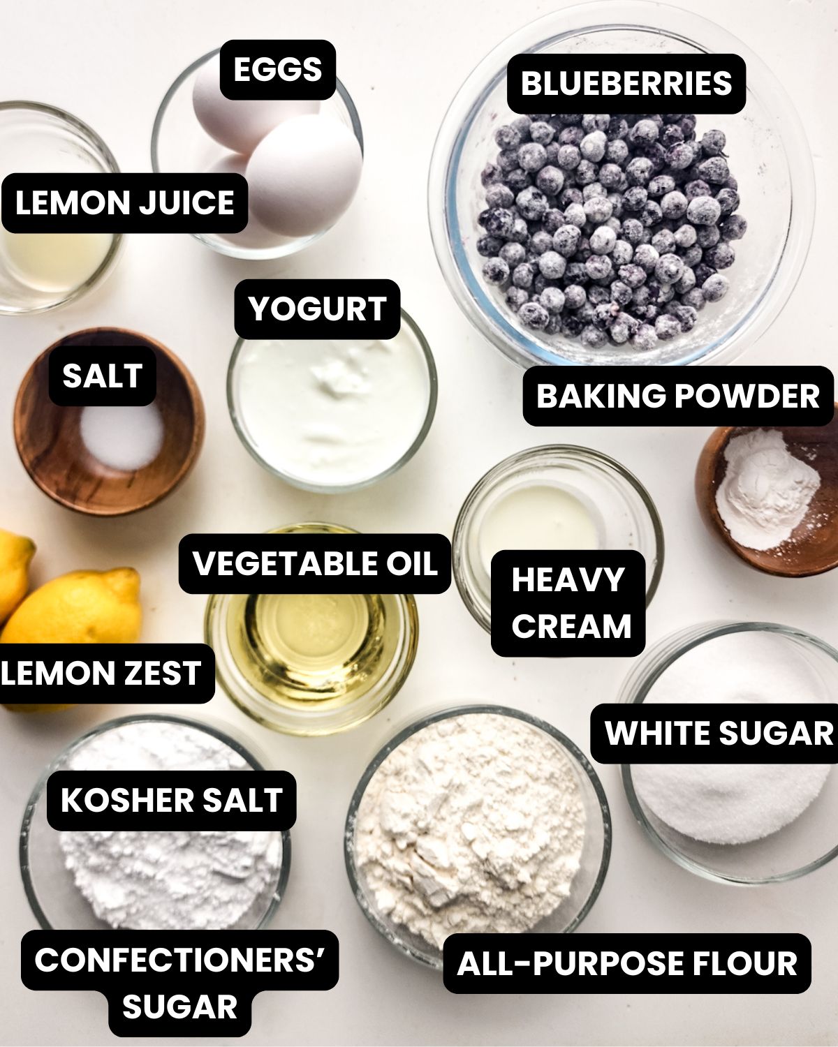 Ingredients with text overlay to make lemon blueberry bread.