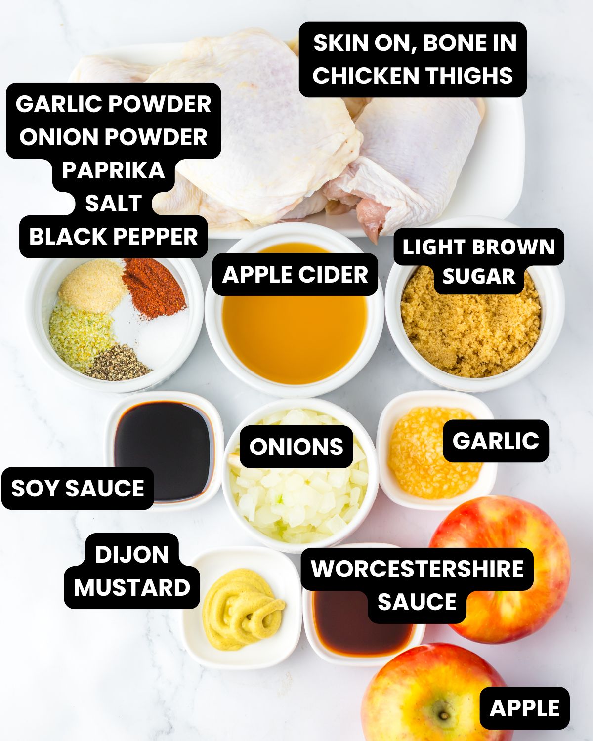Ingredients to make apple cider chicken thighs with text overlay.