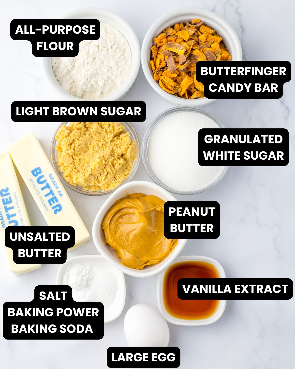 Butterfinger cookie ingredients with text overlay.