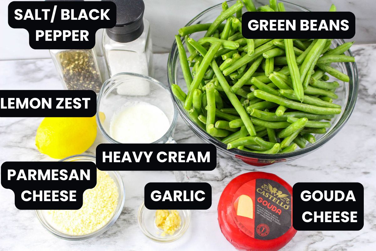 Green beans in a cheese sauce with text overlay.