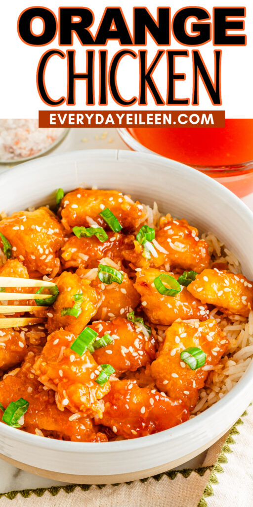 Pinterest pin for orange chicken with text overlay.