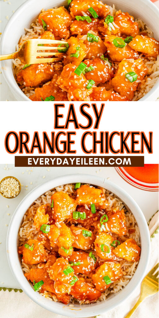 Pinterest pin for orange chicken with text overlay.