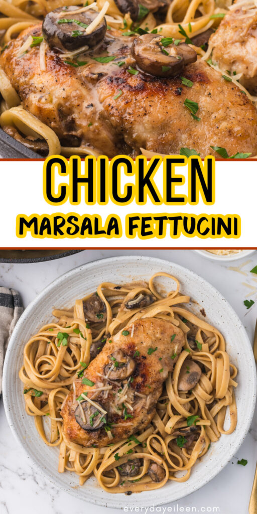 A Pinterest pin for Chicken Marsala Fettuccini.