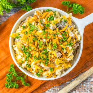 French onion beef casserole in a round platter.