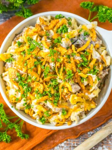 French onion beef casserole in a round platter.