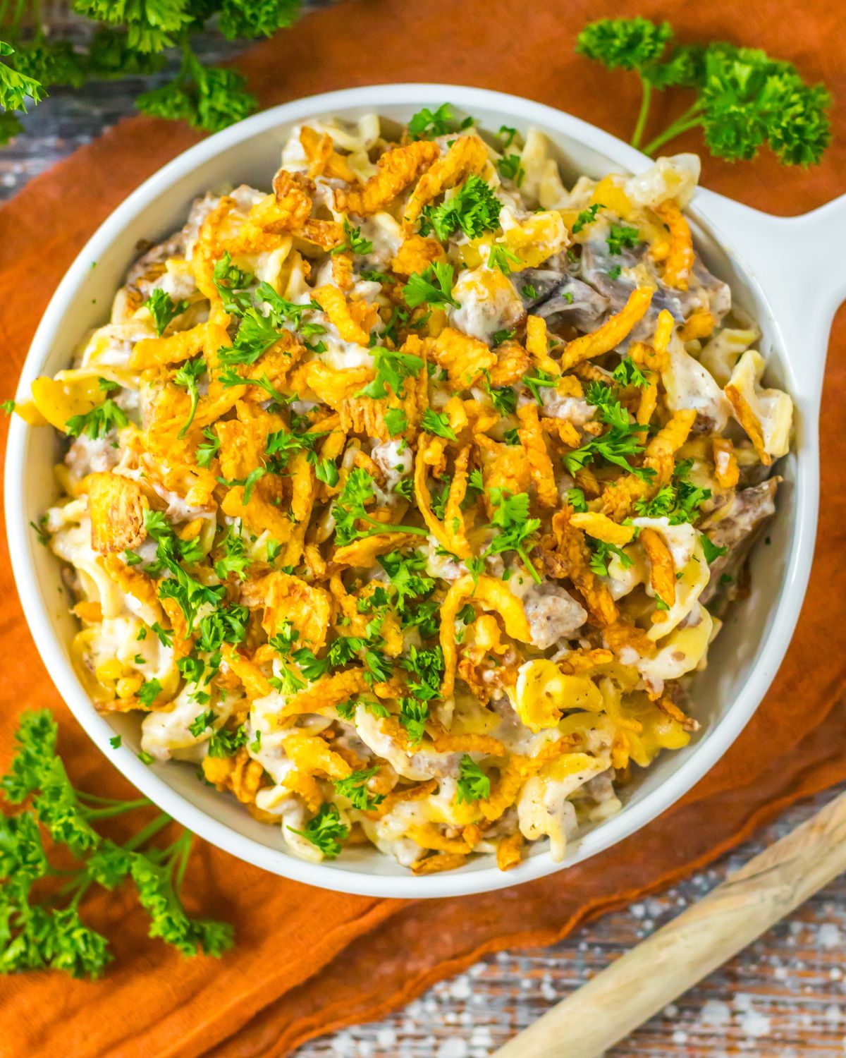 French onion beef casserole in a white bowl