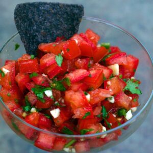 Pico de Gallo in a glass bowl.