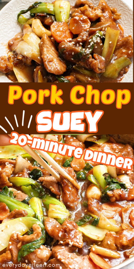 A pinterest pin for pork chop suey with text overlay.