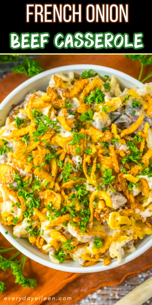 French Onion Beef Casserole Pinterest pin with text overlay.