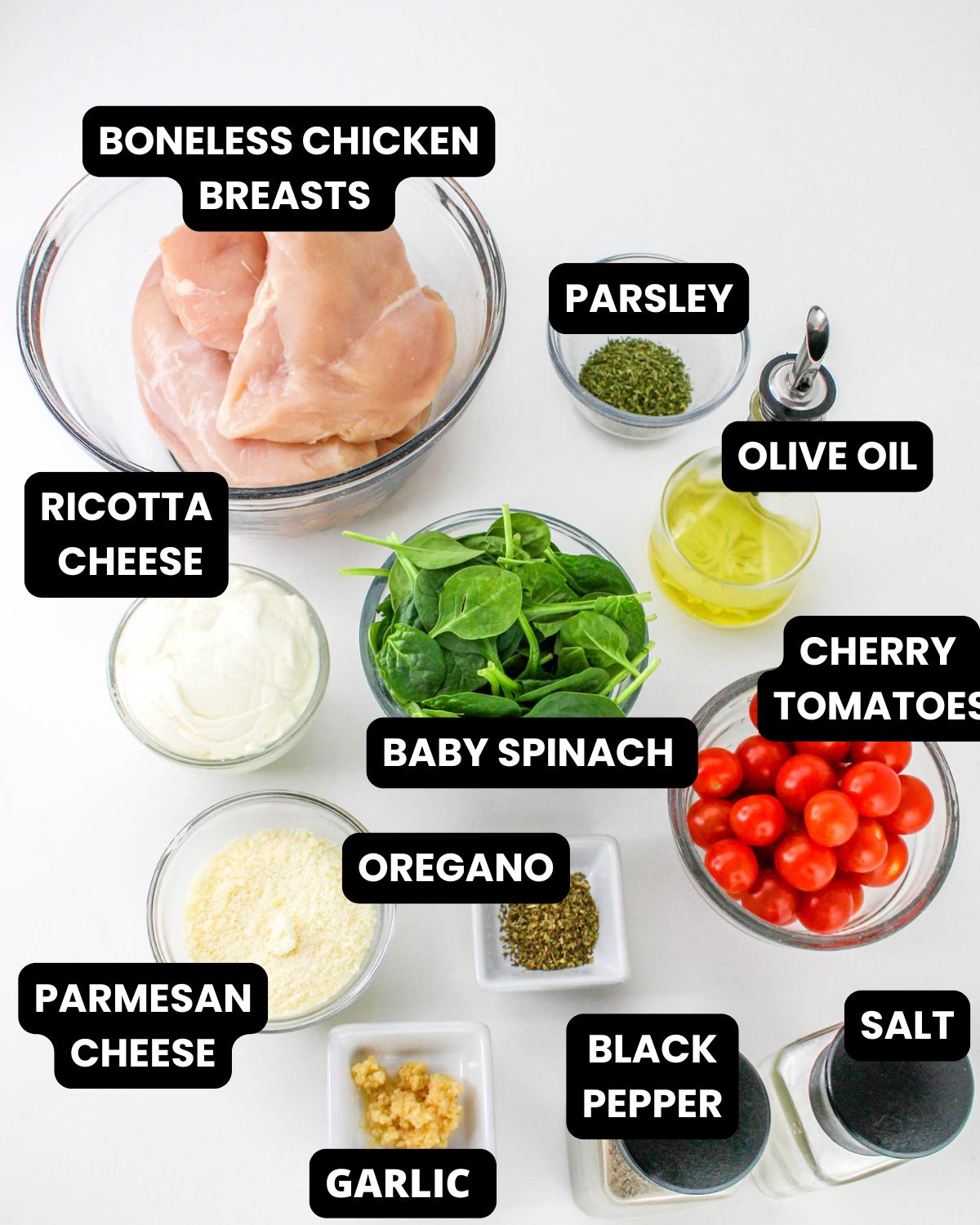 Ingredients to make ricotta spinach stuffed chicken breasts. 