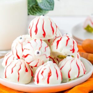 A plate of Halloween eye ball truffles.