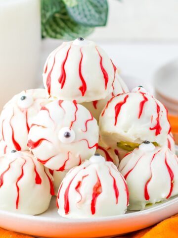 A plate of Halloween eye ball truffles.