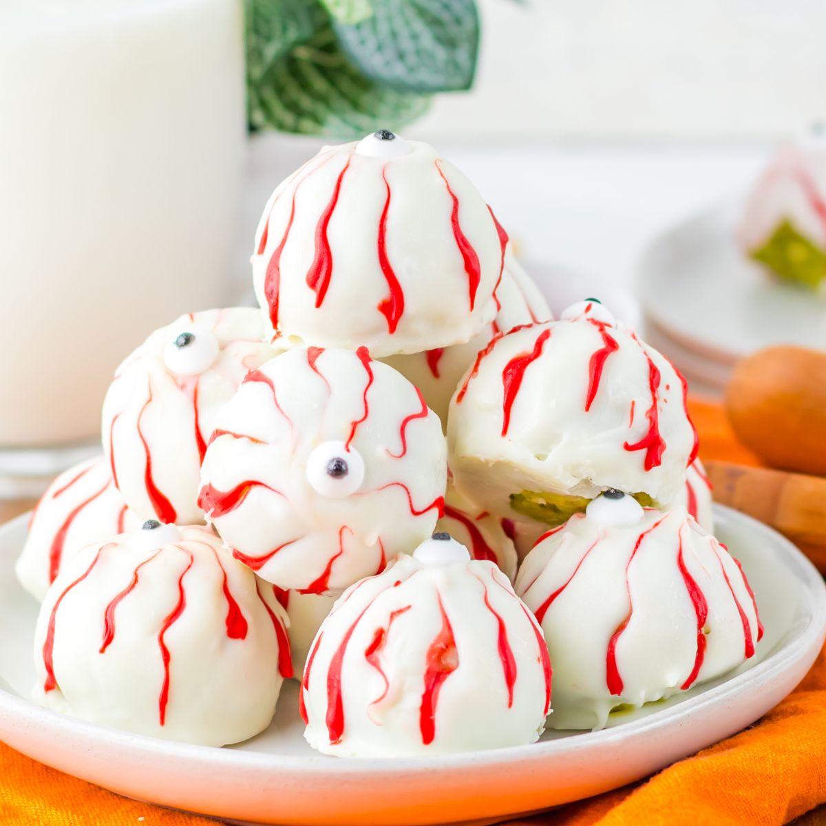 A plate of Halloween eye ball truffles.