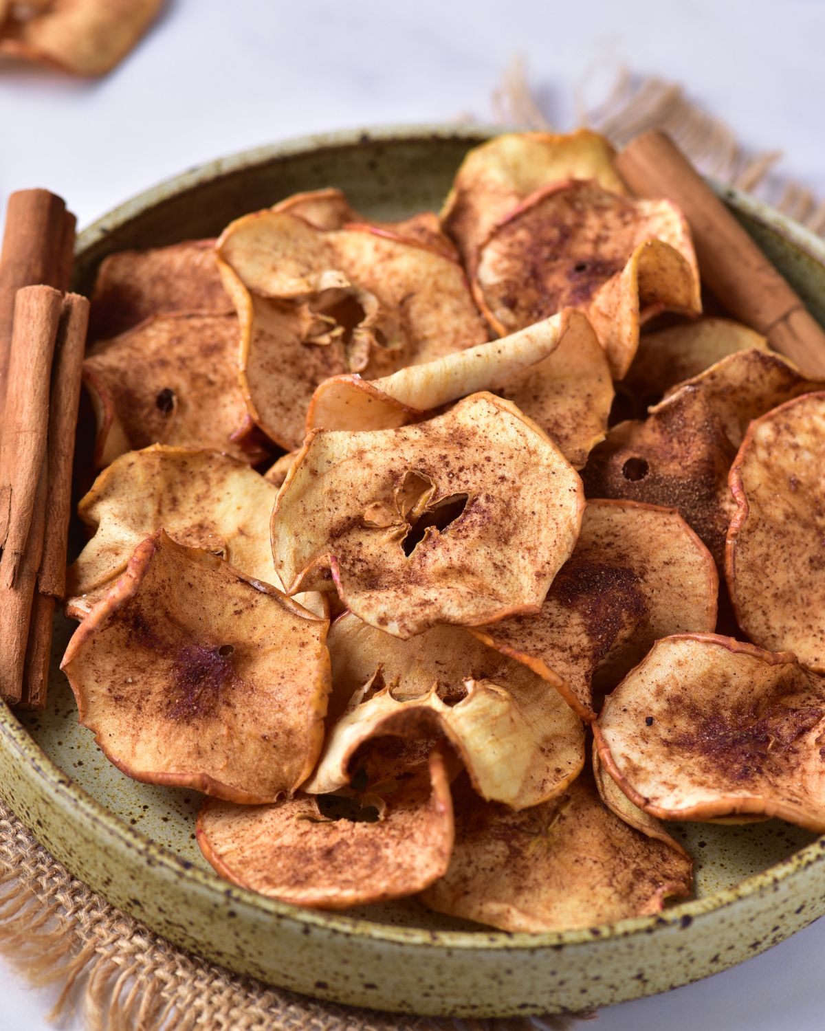 A bowl of apple chips that were air fried and sprinkled with cinnamon sugar.