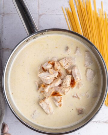 A creamy sauce with chicken diced in the sauce. 