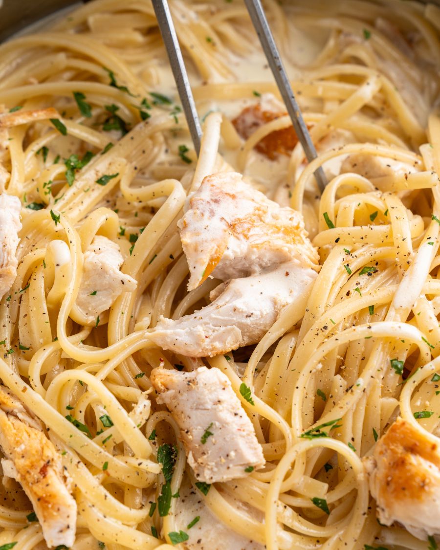 Linguine with chicken in an alfredo sauce. 