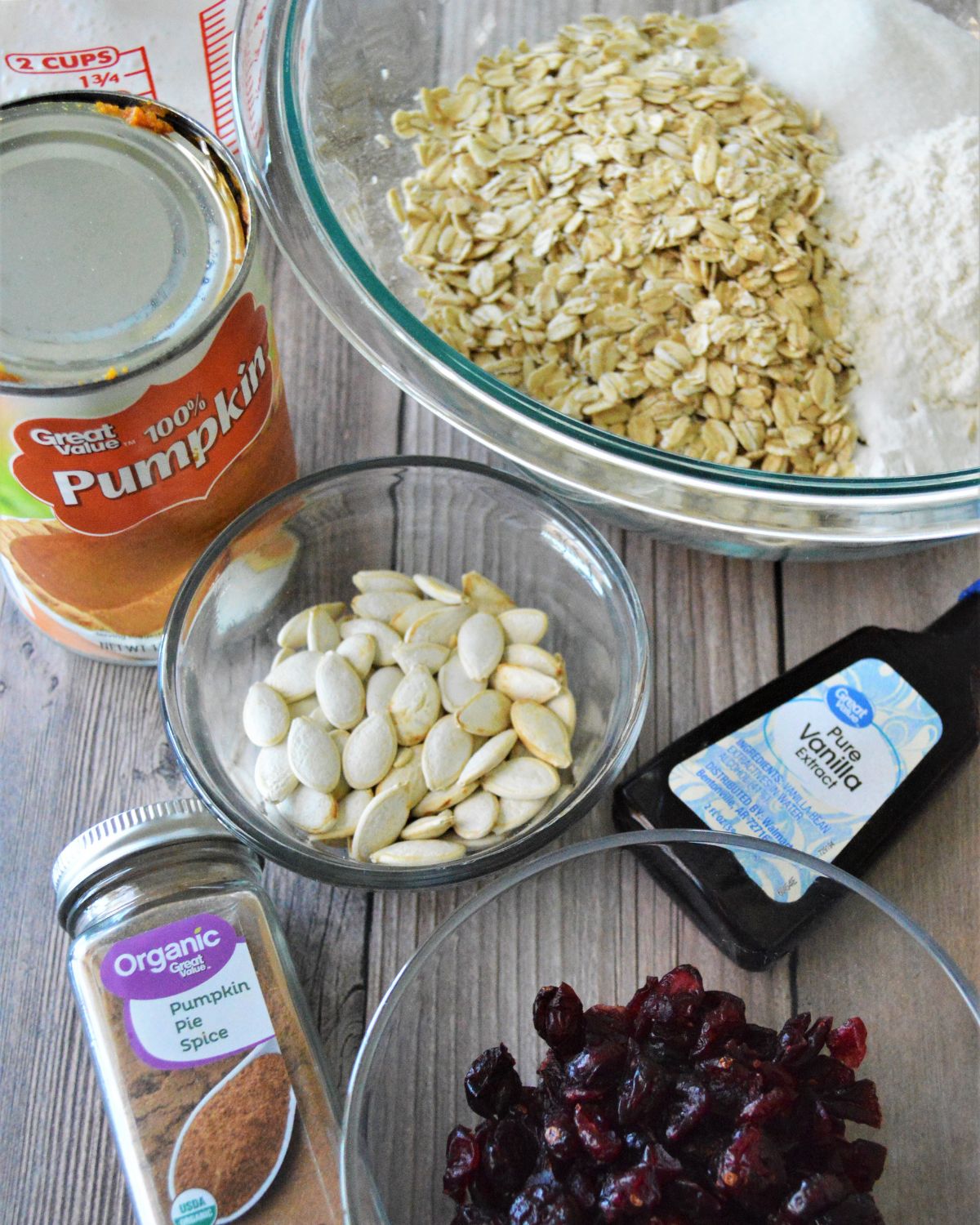 Ingredients to make cranberry pumpkin oat bars.