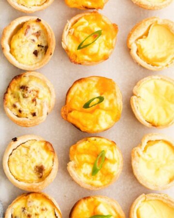 Mini quiche with 3 different flavors on a tray. 
