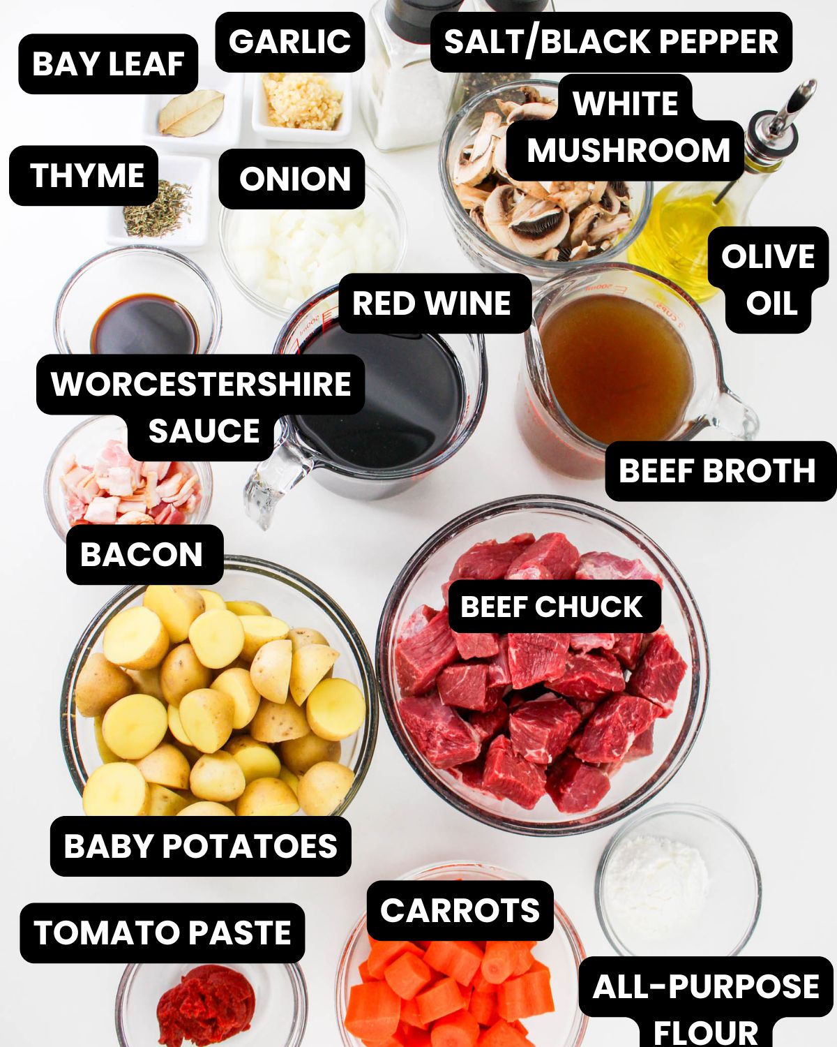Instant pot Beef Bourguignon ingredients with text overlay.