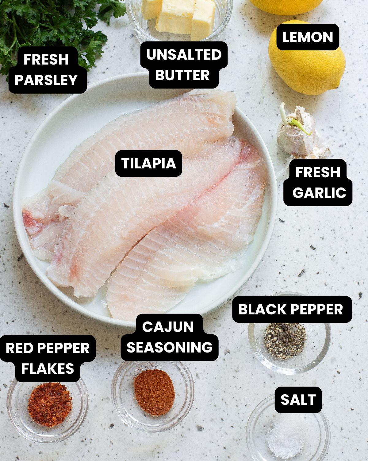 Baked Tilapia ingredients with text overlay.